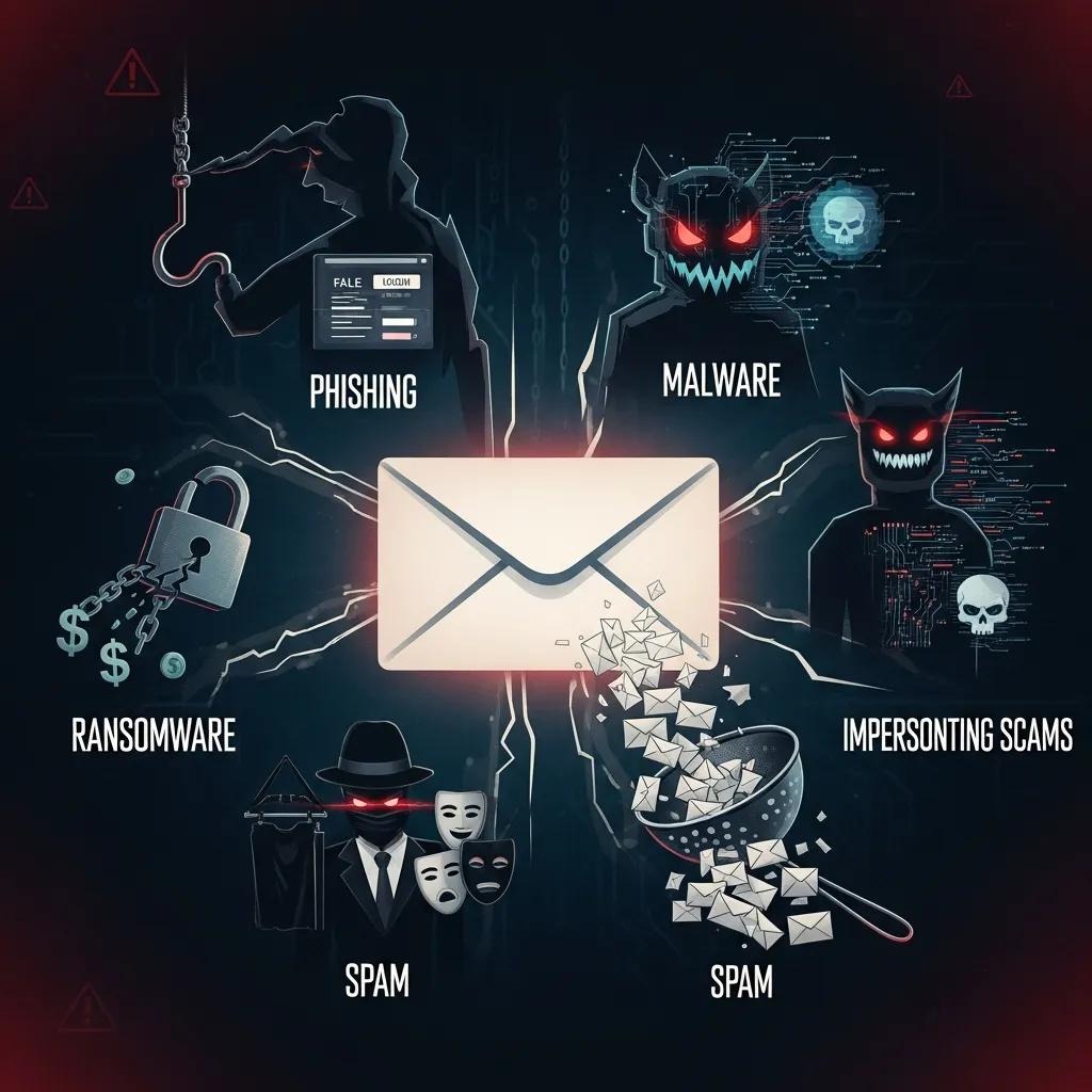 Graphic showing email risks — phishing, malware, and data leaks clustered around an email icon